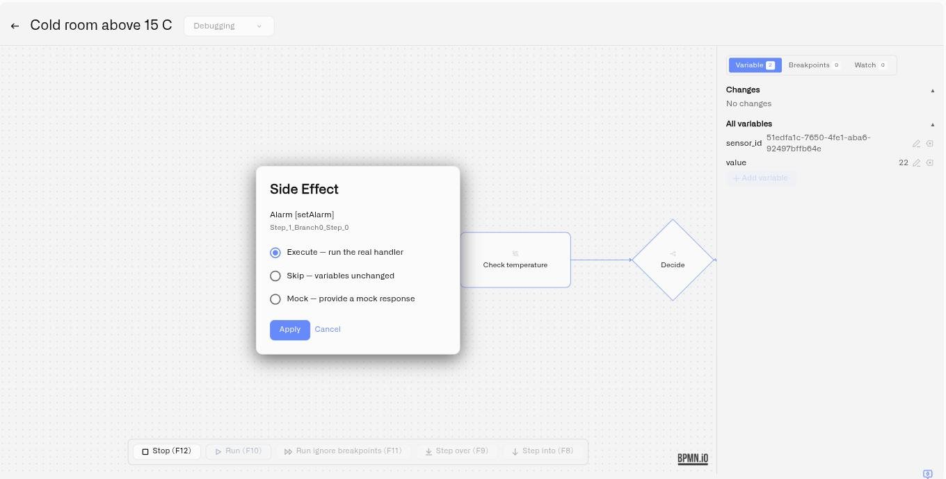 The Side Effect dialog offering Execute, Skip and Mock