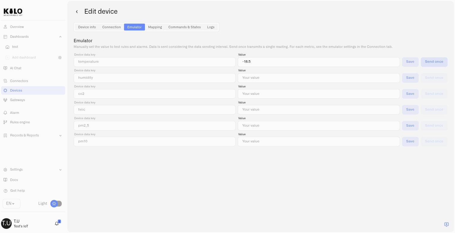 The Emulator tab with a temperature value entered and Send once ready to transmit