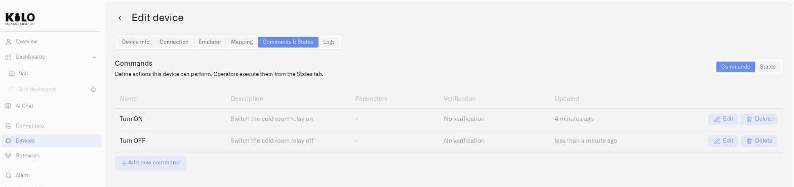 The Commands & States tab on a device, listing commands and recent executions
