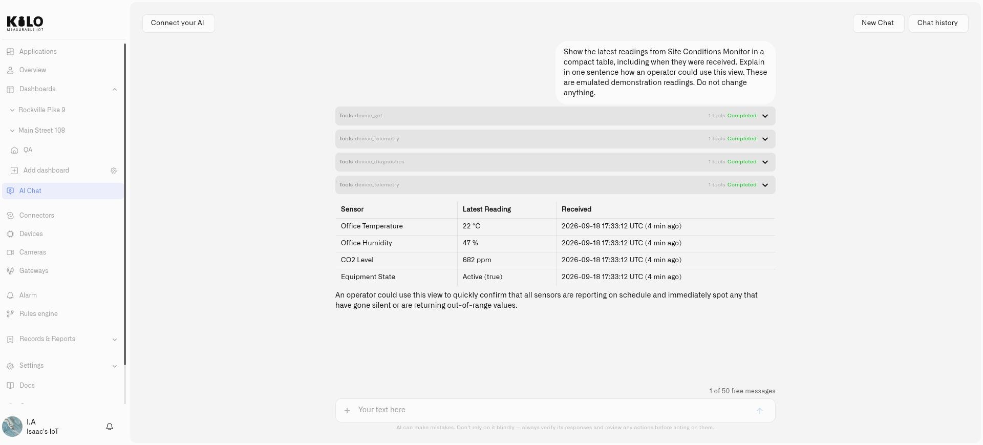 Kilo AI assistant summarizing temperature, humidity, carbon dioxide and equipment-state readings