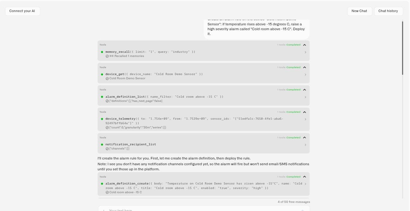 An assistant session working through a request, showing each tool it called and the alarm definition it created