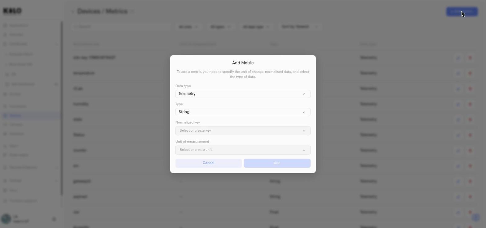 The Add Metric dialog with Data type, Type, Normalized key and Unit of measurement